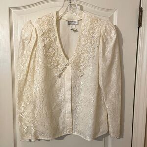 Vintage Scott McClintock Victorian Embroidered Lace Long Sleeve Ivory Blouse 14